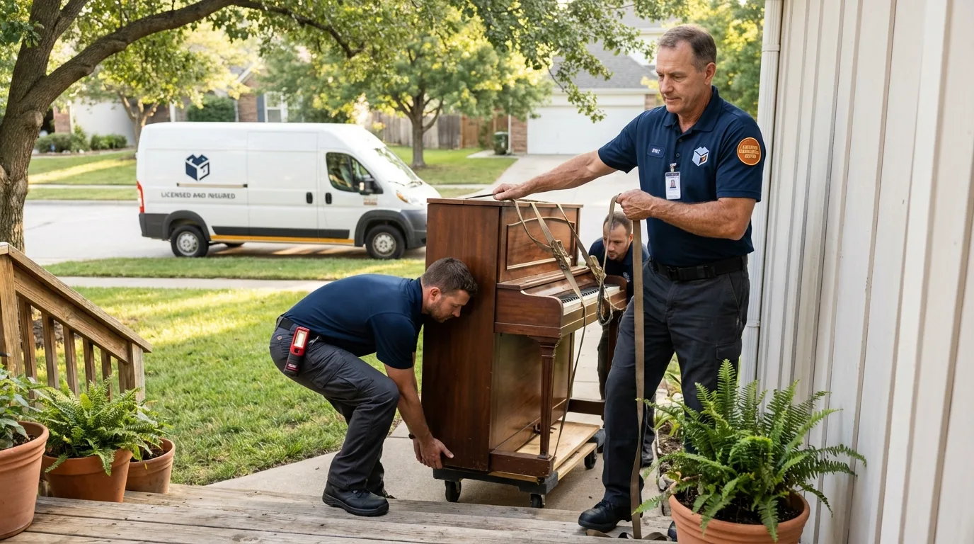 Licensed piano movers securing grand piano in Montevideo, MN