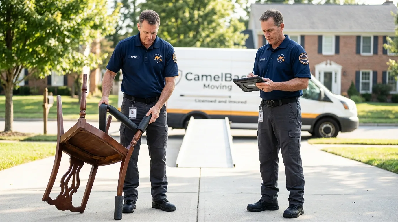 Movers inspecting furniture for damage prevention before loading in Montevideo, MN