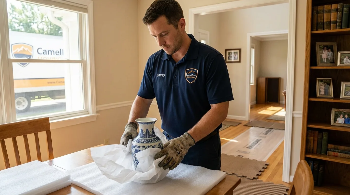 Professional crew carefully wrapping antique vase for senior downsizing move in Montevideo, MN